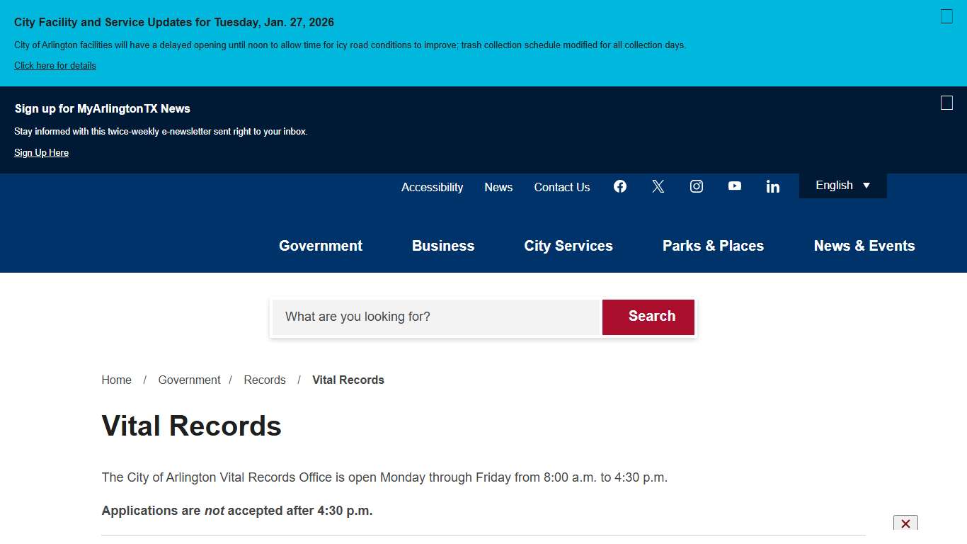 Vital Records City of Arlington, TX